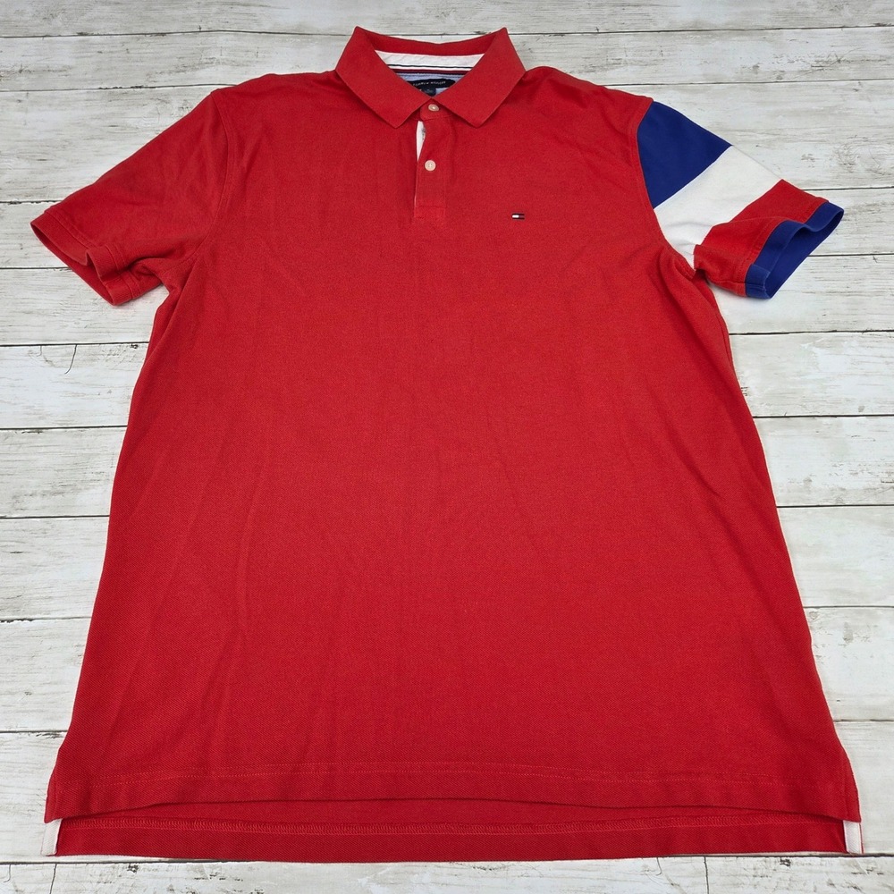 Tommy Hilfiger Polo Shirt Mens XL Red Custom Fit Colorblock Sleeve Short Sleeve